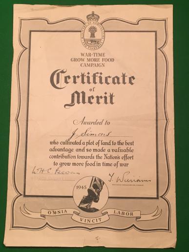 War-Time Growmore Campaign Certificate.