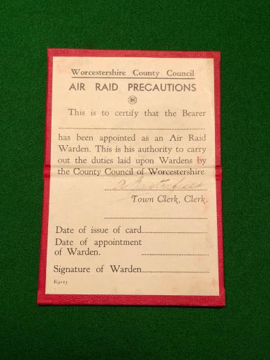 Worcestershire County Council ARP Warden Warrant Card.