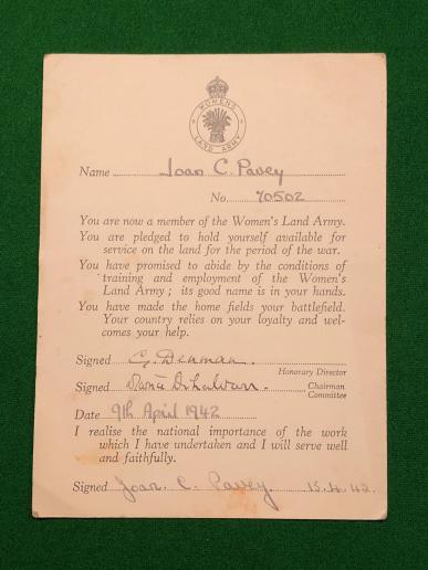 Land Army Enrolment Card.