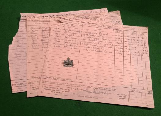 Red Cross ' Penny-a-Week Fund ' Collector's Sheets and Badge.