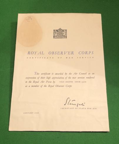 Royal Observer Corps War Service Certificate - Woman Observer.