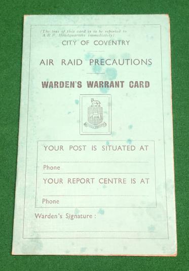 City of Coventry ARP Warden's Warrant Card.