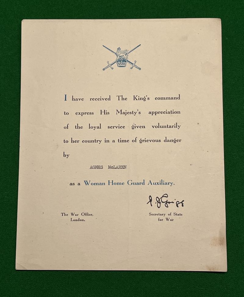 Woman Home Guard Auxiliary Certificate.