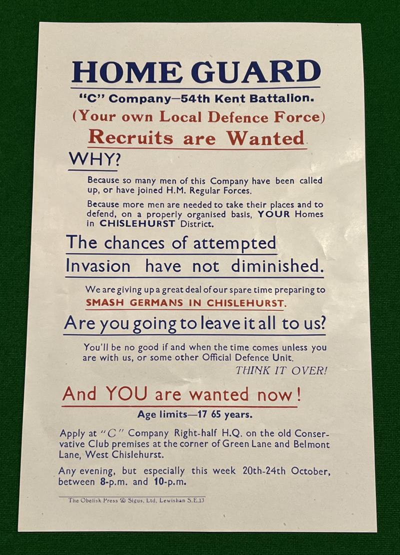 54th Kent Battalion Home Guard Recruiting Leaflet.