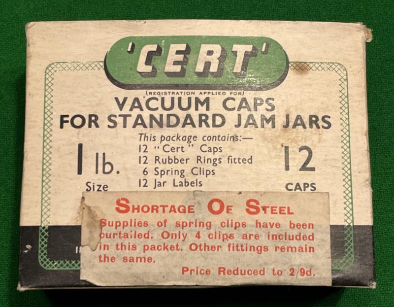 Jam Jar Vacuum Caps with Wartime Shortage Label.