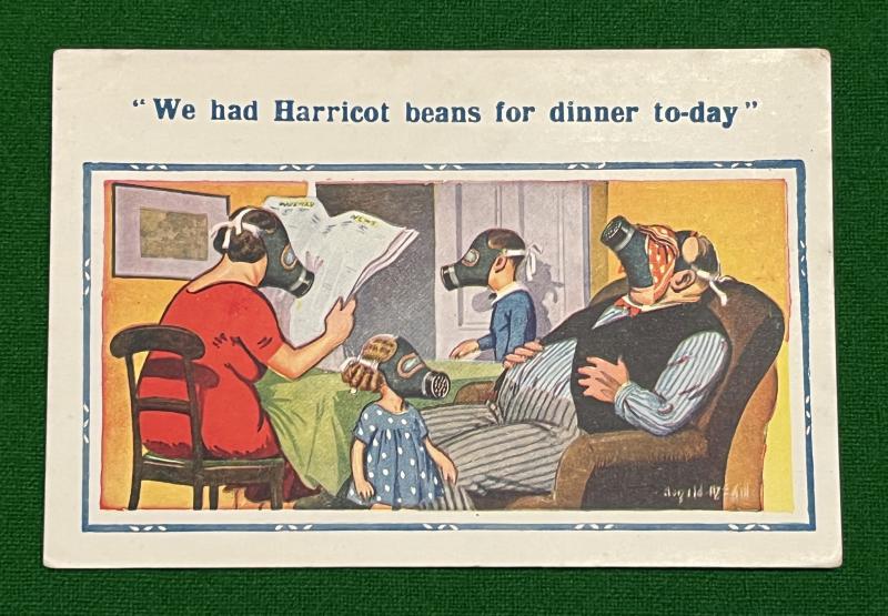 Comic postcard - Haricot Beans and Gasmasks!