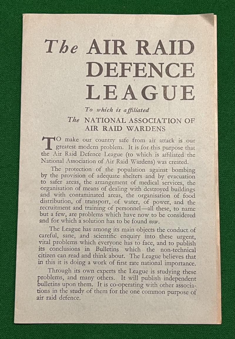 Air Raid Defence League Leaflet.
