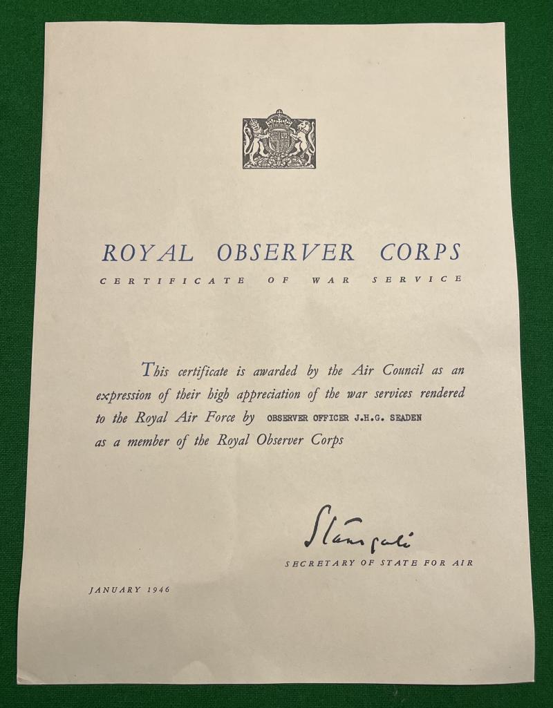 Observer Corps War Service Certificate.