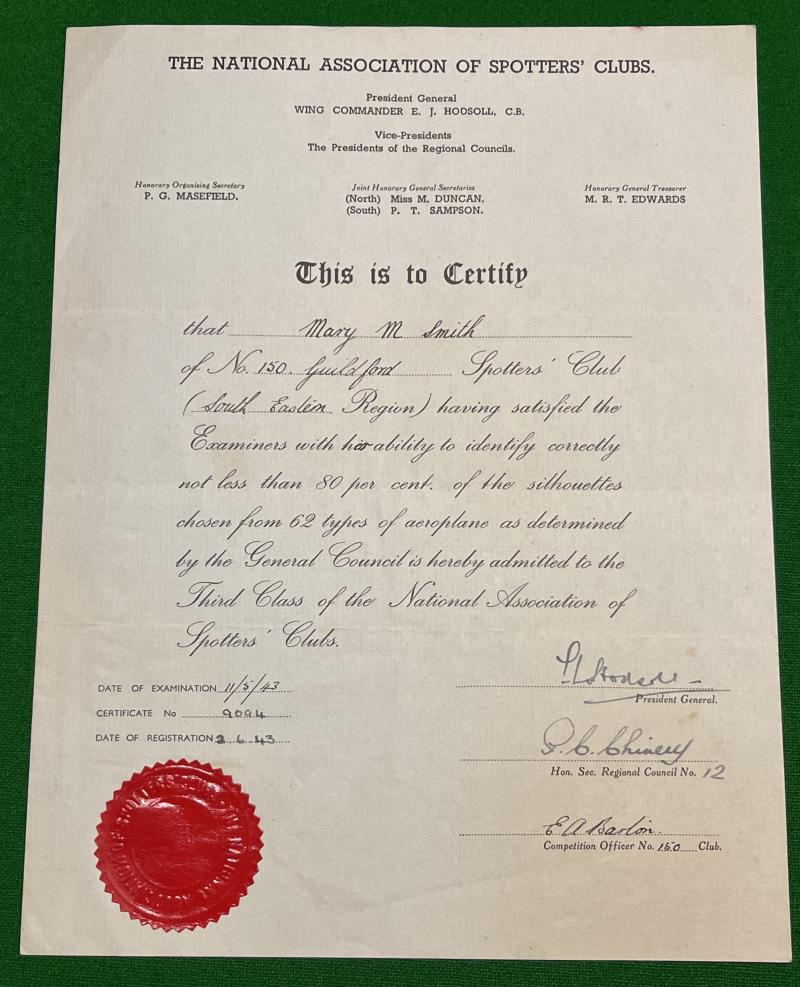 National Association of Spotters' Club Certificate.