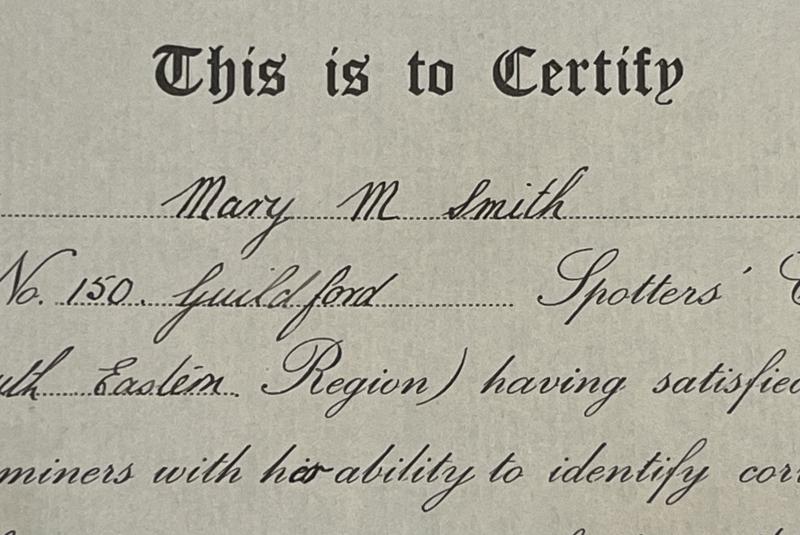 National Association of Spotters' Club Certificate.