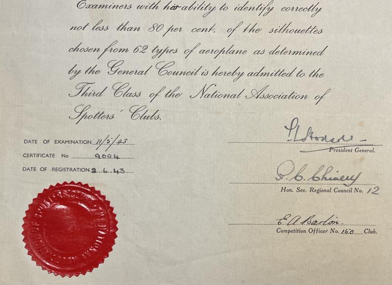 National Association of Spotters' Club Certificate.