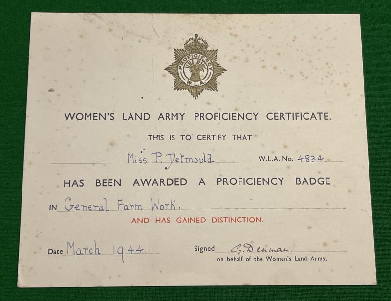 Women's Land Army Proficiency Badge certificate.