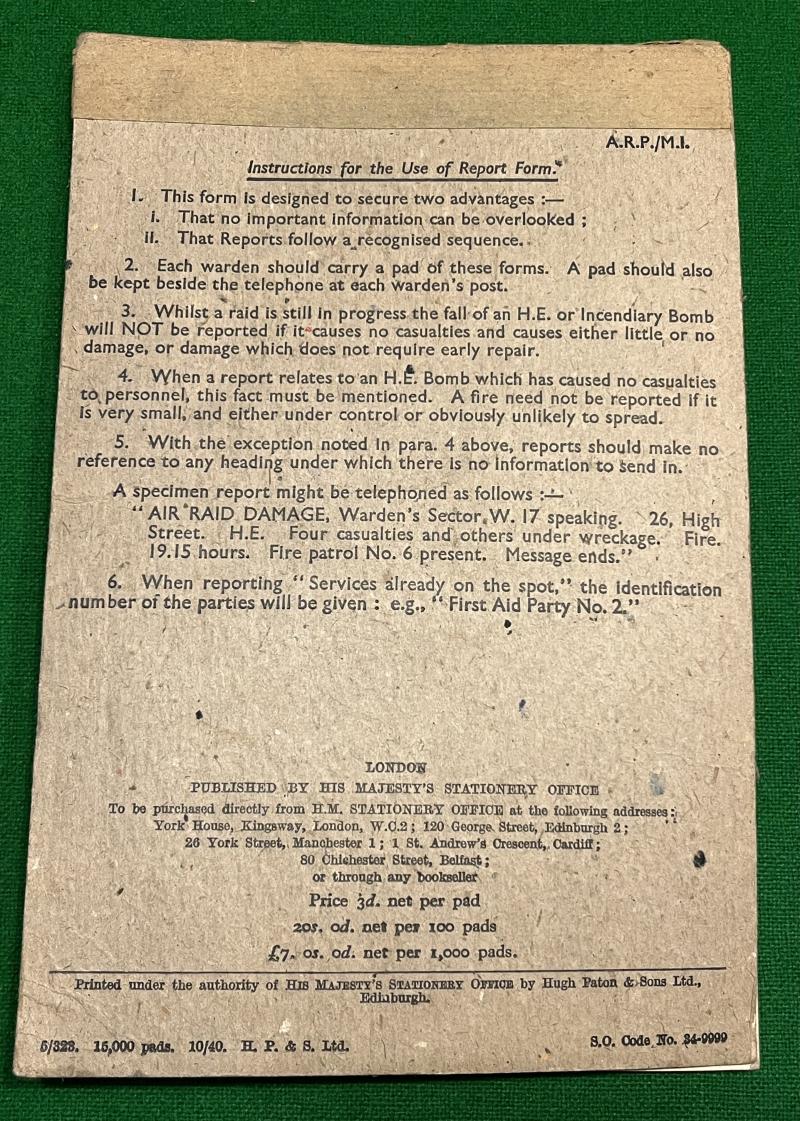 ARP Warden's Report Form Pad.