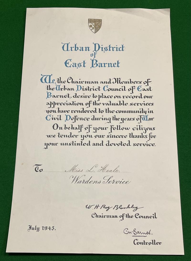 East Barnet Civil Defence certificate.