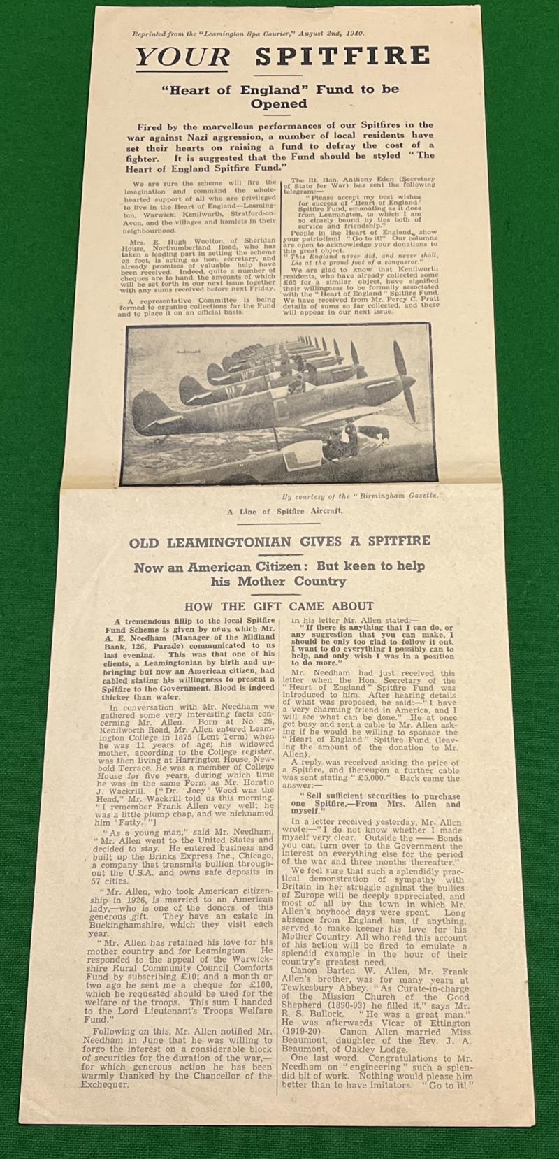 Leamington Spitfire Fund leaflet.