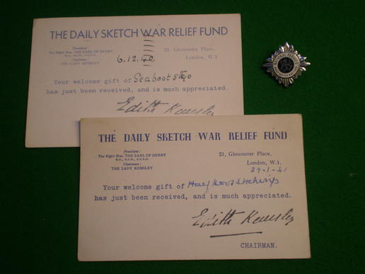 Daily Sketch War Relief Fund badge and paperwork.