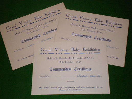 'Victory Baby Exhibition' certificates.