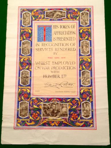 Humber War Production Certificate.